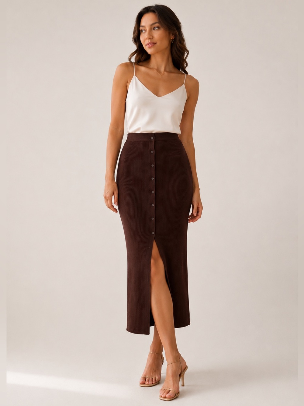 Naadam Silk Cashmere Ribbed Button-Front Midi Skirt Chocolate Brown Size XS